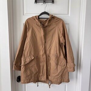 Zara Utility Anorak Jacket Womens S Beige Hooded Drawstring Waist Zip Snap